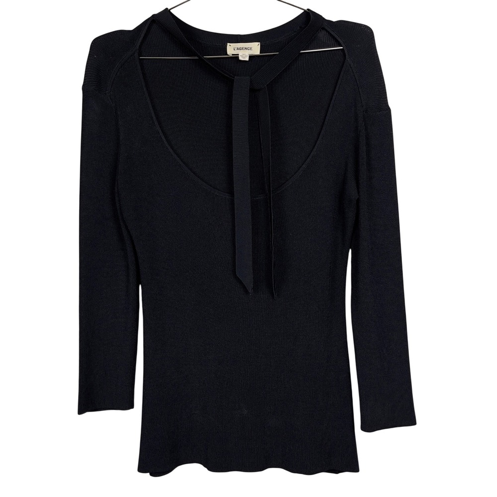 L'AGENCE Black Ribbed Knit Tie Neck Long Sleeve Sweater Top Size XS Revolve‎